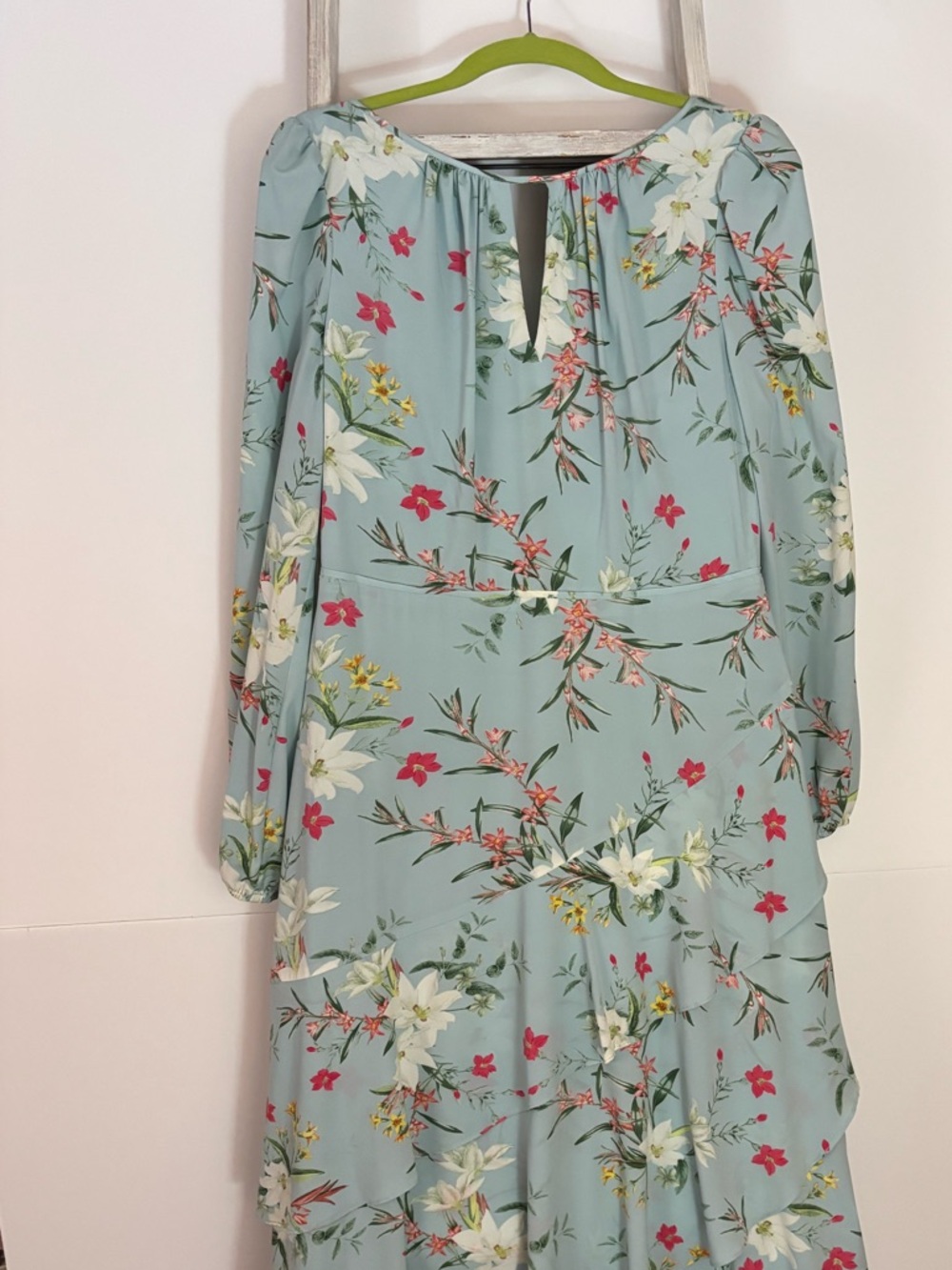 Adrianna Papell Light Blue Floral midi Dress, Boho, Cottage-core, whimsy, fairy